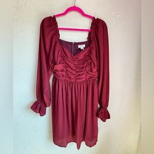 NWT Andree By Unit Burgundy Maroon Ruched Balloon Long Sleeved Milkmaid Dress M